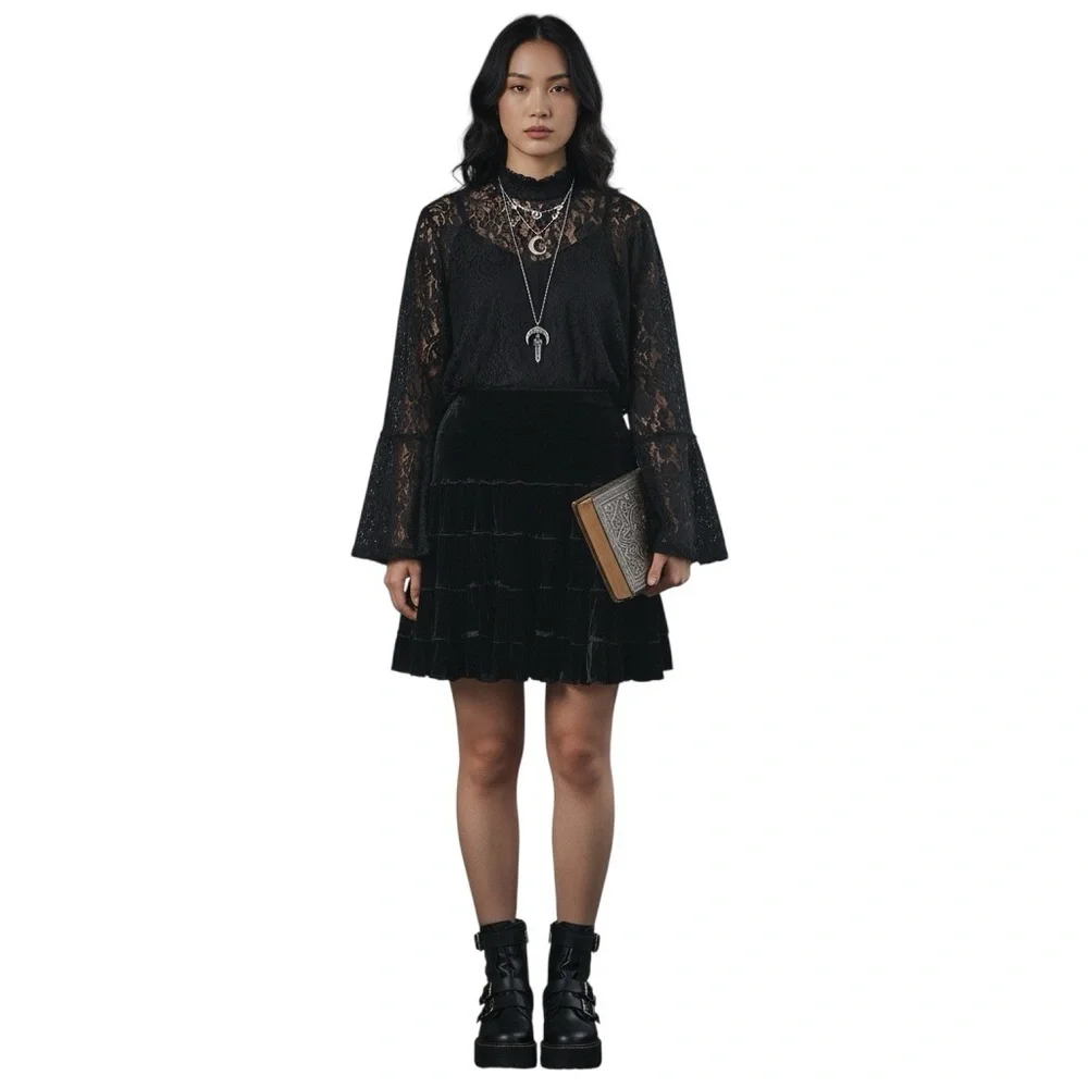 Bebe Black Velvet Tiered Full Party Skirt 80s whimsigoth dark romance